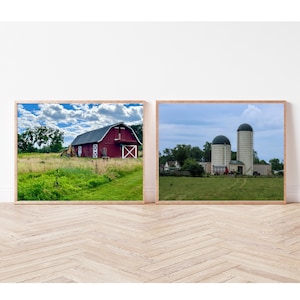 Farmhouse Wall Art Set of Two Digital Prints Red Barn and Silo Country Art Farm Landscape Nursery Wall Art Red Barn and Tractor Home Decor