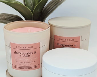 9.5oz Strawberries & Cream Virgin Coconut Soy Wax Wood Wick Candle in Glass Vessel with Metal Lid