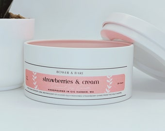 5oz Strawberries & Cream Virgin Coconut Soy Wax Wood Wick Candle in Metal Vessel with Lid