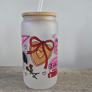 Gilmore Valentine Iced Coffee Glass Cup | Gilmore Gift | Beer Can Glass Cup | Gifts For Her | Books | Luke & Lorelai| pink gilmore