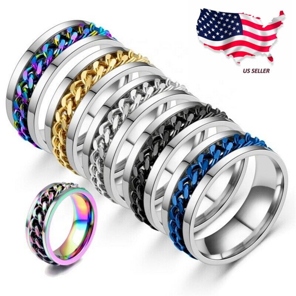 Men's Anxiety Spinner Ring Stainless Steel Curb Chain Wedding Band, Comfort Fit