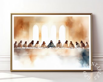 The Last Supper Watercolor Printable Wall Art, Christian Wall Art, Jesus Art Print, Minimalist Religious Wall Decor, Digital Download