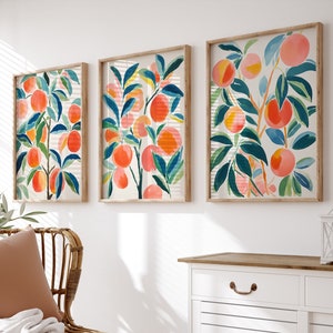 Peaches Printable Wall Art, Set of 3, Peach Print, Botanical Wall Art, Peach Painting, Kitchen Wall Art, Peaches Poster, Digital Download