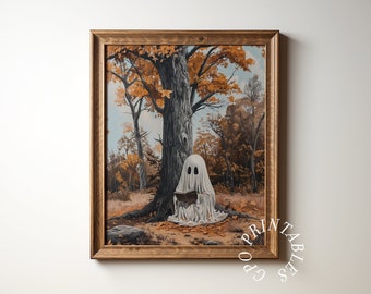 Halloween Ghost Reading Printable Wall Art, Digital Halloween Cottagecore Decor, Vintage Ghost Wall Art, Fall Decor, Halloween Home Decor