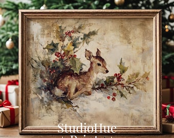 Vintage Winter Deer Christmas Print, Printable Wall Art, Rustic Holiday Decor, Farmhouse Christmas Wall Art, Winter Scene Digital Download