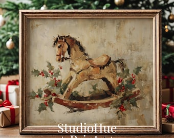 May include: Framed print of a vintage rocking horse with a saddle, surrounded by holly and berries. The artwork has a distressed, antique look. The text "StudioHue Prints" is at the bottom of the frame.