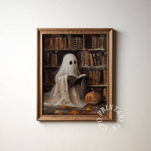 Halloween Ghost Reading Printable Wall Art, Vintage Ghost Poster, Vintage Library Ghost Wall Art Print, Dark Academia, Halloween Home Decor