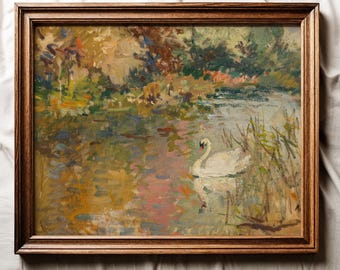 Swan Art Print, Vintage Printable Wall Art, Antique Swan Oil Painting, Fall Autumn Printable Art, Fall Landscape Print, Digital Download