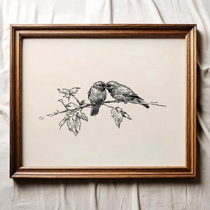 Vintage Love Birds Sketch Print, Minimalist Bird Drawing Printable Wall Art, Botanical Sketch Art, Rustic Farmhouse Decor, Digital Download