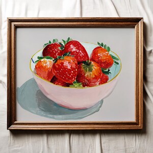 Strawberry Wall Art Print, Vintage Kitchen Printable Art, Strawberry Poster, Vintage Coquette Fruit Painting, Rustic Farmhouse Kitchen Decor