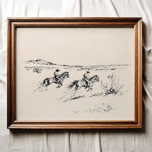Vintage Cowboys on Horses Sketch Print, Western Printable Wall Art, Vintage Horse Sketch, Southwestern Decor, Cowboy Print, Digital Download