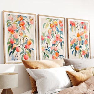 Peaches Printable Wall Art, Set of 3, Peach Print, Peach Painting, Botanical Wall Art, Kitchen Wall Art, Peaches Poster, Digital Download