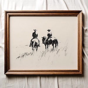 Cowboys Sketch Print, Vintage Western Printable Wall Art, Neutral Minimalist Western Art Decor, Southwestern Decor, Vintage Horse Art Poster