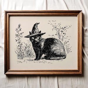 Vintage Witchy Black Cat Sketch Print, Halloween Printable Wall Art, Vintage Halloween Witchy Art, Witch Home Decor, Dark Academia Decor