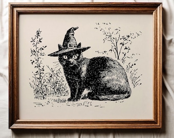 Vintage Witchy Black Cat Sketch Print, Halloween Printable Wall Art, Vintage Halloween Witchy Art, Witch Home Decor, Dark Academia Decor
