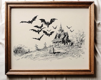 Halloween Haunted House Sketch Print, Printable Wall Art, Vintage Halloween Printable, Spooky Bats Halloween Art, Rustic Cottagecore Decor