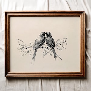 Vintage Birds in Love Sketch Print, Antique Bird Drawing Printable Wall Art, Minimalist Bird Line Drawing, Farmhouse Decor, Digital Download
