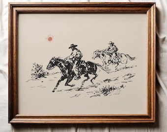 Vintage Cowboy Sketch Printable Wall Art, Western Wall Art, Retro Cowboy Print, Western Home Decor, Rustic Farmhouse Decor, Digital Download