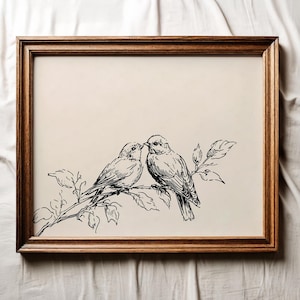 Vintage Birds in Love Sketch Print, Antique Bird Drawing Printable Wall Art, Minimalist Bird Line Drawing, Farmhouse Decor, Digital Download