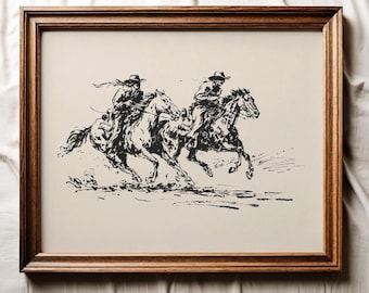 Vintage Cowboy Sketch Print, Printable Wall Art, Western Wall Art, Horse Print, Cowboy Print, Cowboy Nursery, Dorm Wall Decor, Digital Print