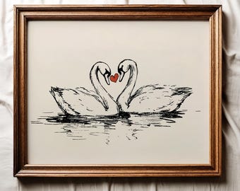 Vintage Swan Sketch Print, Swan Drawing Printable Wall Art, Minimalist Bird Line Drawing, Rustic Farmhouse Decor, Digital Download
