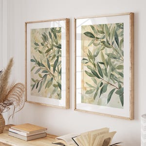 Conjunto de 2 impresiones de acuarela de ramas de olivo verde salvia, arte de pared, impresión de rama de olivo, arte botánico, arte mediterráneo, impresiones en verde salvia