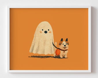 Halloween Ghost Walking with Dog Printable Wall Art, Halloween Nursery Wall Art, Cute Ghost Decor, Ghost Printable, Cute Ghost Halloween Art