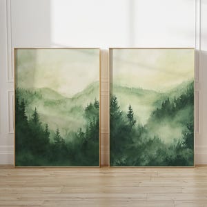 Watercolor Sage Green Mountain Printable Wall Art Set of 2 Landscape Painting Pine Forest Wall Art Misty Green Abstract Modern Nature Print