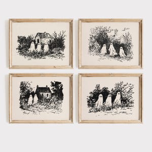Halloween Ghost Sketch Art Prints Bundle, Set of 4, Vintage Halloween Printable Wall Art, Halloween Gallery Wall Art Set, Cottagecore Decor