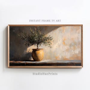 Olive Tree Painting Frame TV Art, Olive Branch Wall Art, Rustic Vintage Olive Tree Oil Painting Frame TV Art, Pottery Still Life Painting