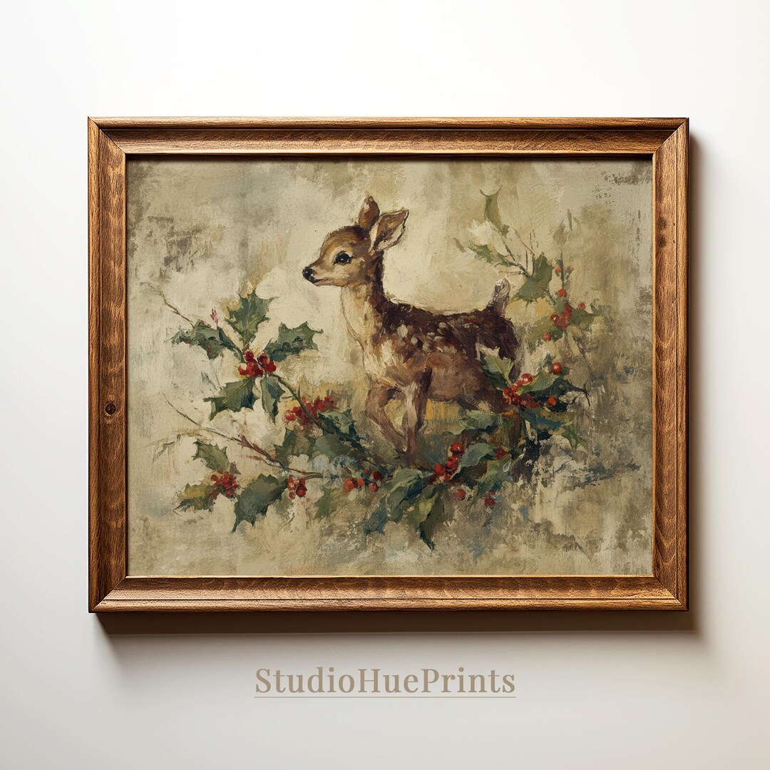 Printable Vintage Deer Christmas Wall Art, Retro Holiday Art Print ...