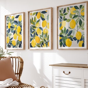 Lemons Printable Wall Art, Set of 3, Lemons Print, Botanical Wall Art, Lemon Painting, Kitchen Wall Art, Lemons Poster, Digital Download