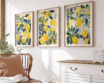 Arte de pared imprimible de limones, conjunto de 3, impresión de limones, arte de pared botánico, pintura de limón, arte de pared de cocina, cartel de limones, descarga digital