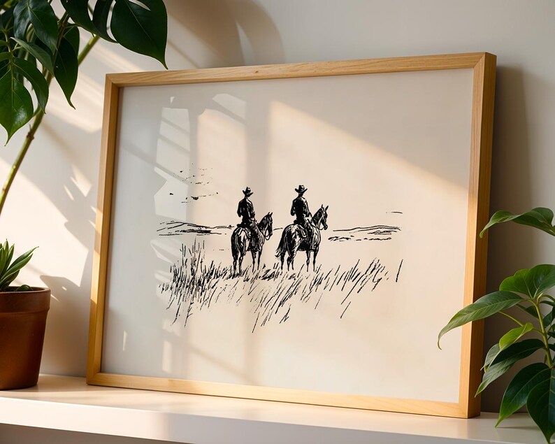 K&ouml;nnte beinhalten: Ein gerahmter Schwarz-Wei&szlig;-Druck, der zwei Cowboys auf Pferden in einem Feld zeigt. Das Kunstwerk befindet sich in einem Holzrahmen und lehnt an einer wei&szlig;en Oberfl&auml;che. Die Cowboys tragen H&uuml;te und reiten auf Pferden.