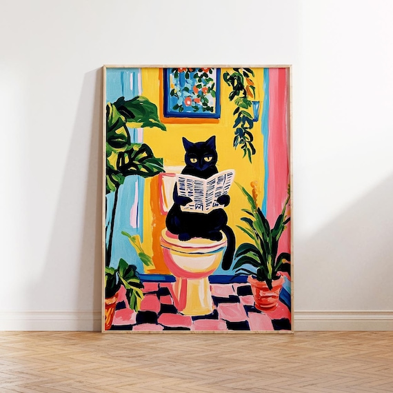 Bathroom Cat Reading Newspaper Printable Wall Art, Maximalist Wall Art, Dopamine Art, Funny Bathroom Wall Art, Bathroom Decor, Cat Print