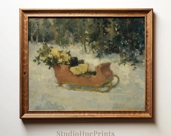 Vintage Winter Sleigh Printable Wall Art, Rustic Farmhouse Christmas Decor, Cozy Winter Holiday Wall Art, Snow Scene Digital Download