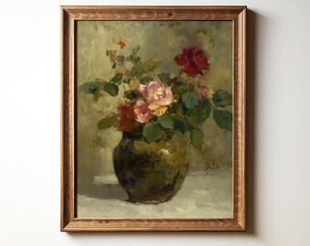 Vintage Rose Still Life Print, Printable Floral Wall Art, Moody Floral Wall Decor, Cottage Flower Painting, Vintage Roses Botanical Wall Art