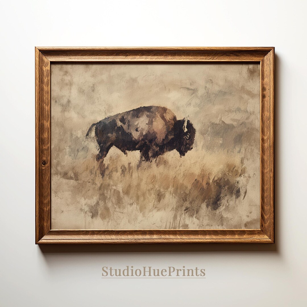 Printable Vintage Bison Wall Art, Rustic Western Buffalo Print, Neutral ...