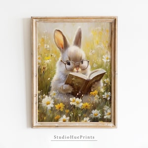 Easter Bunny Reading Book Printable Wall Art, Rabbit with Glasses, Floral Wall Decor, Spring Nursery Decor, Spring Meadow Digital Download