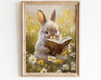 Arte de pared imprimible con diseño de conejo de Pascua leyendo un libro, conejo con gafas, decoración floral de pared, decoración de guardería de primavera, descarga digital de prado primaveral.