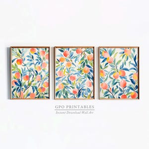 Peaches Printable Wall Art, Set of 3, Peach Print, Peach Painting, Kitchen Wall Art, Peaches Poster, Botanical Wall Art, Digital Download