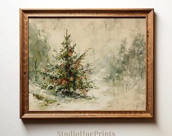 Albero di Natale vintage da parete stampabile, dipinto di paesaggio invernale, decorazione murale per le vacanze invernali, albero di Natale vittoriano da scaricare digitalmente