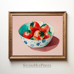 Strawberry Wall Art Print, Vintage Kitchen Printable Art, Vintage Coquette Fruit Painting, Rustic Farmhouse Kitchen Decor, Cottagecore Decor