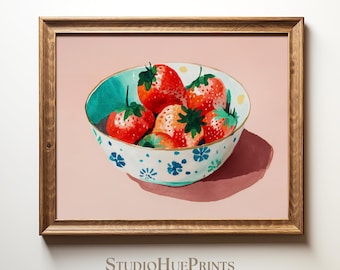 Strawberry Wall Art Print, Vintage Kitchen Printable Art, Vintage Coquette Fruit Painting, Rustic Farmhouse Kitchen Decor, Cottagecore Decor