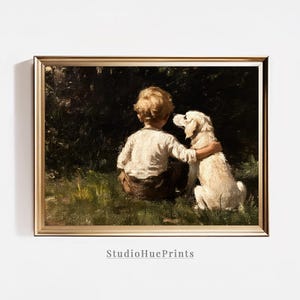 May include: A painting of a young boy sitting with a white dog in a grassy field. The boy is wearing a white shirt and brown pants. The dog is looking to the right, and the boy is looking at the dog.