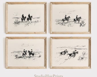 Vintage Cowboy Sketch Print, Set of 4, Country Western Printable Art, Cowboy Poster, Vintage Western Art, Neutral Western Minimalist Print