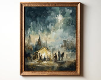 May include: A framed painting depicts a nativity scene with a bright star in the sky. The artwork features a warm color palette with a focus on the figures gathered around a building. The frame is made of wood, and the text "StudioHuePrints" is at the bottom.
