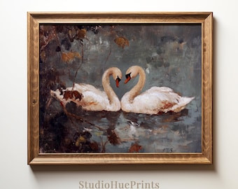 Arte de cisne vintage imprimible, pintura al óleo de cisne antiguo, arte de pared rústico de casa de campo, arte de pared romántico, decoración cottagecore, descarga digital
