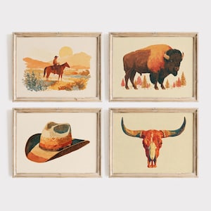 Western Wall Art Bundle, Set of 4, Printable Wall Art, Western Gallery Wall Art Set, Cowboy Prints, Retro Western Wall Decor, Boho Western