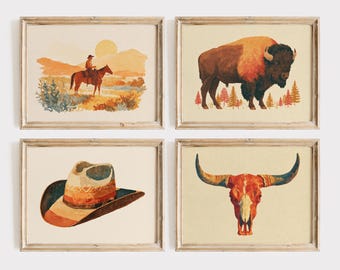Western Wall Art Bundle, Set of 4, Printable Wall Art, Western Gallery Wall Art Set, Cowboy Prints, Retro Western Wall Decor, Boho Western